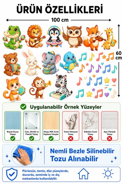Wesliva Cute Musician Animals Music-Themed Kids Room Wall Sticker Set, Self-Adhesive