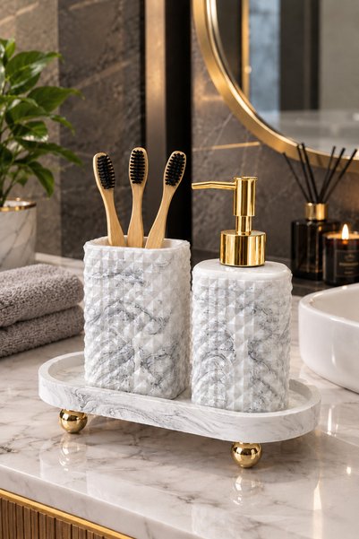 lufen deco Marble Patterned Concrete Gold Footed 3-Piece Bathroom Set Soap Dish Toothbrush Holder Decorative Tray Set
