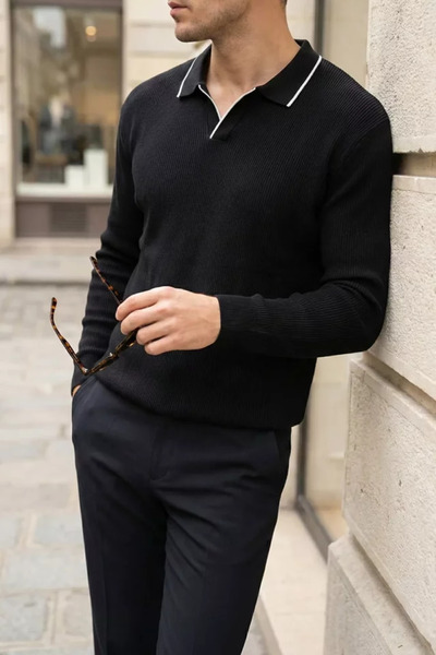 TOZLU Men's Polo Neck Self-Stripe Patterned Knitwear Sweater
