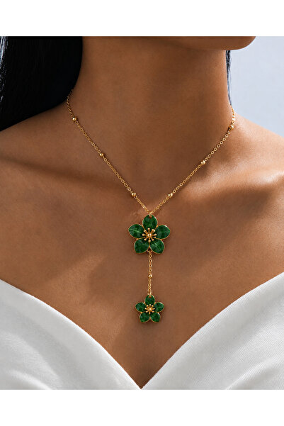 Mega Bazaar Green Emerald Flower Detailed Y Necklace