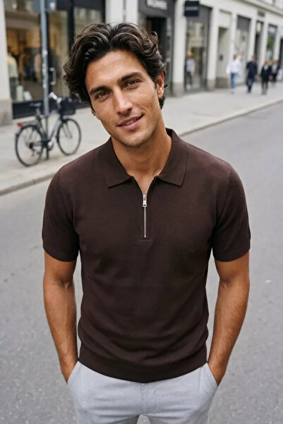 TOZLU Men's Solid Color Half Zip Polo Collar Knitwear T-Shirt