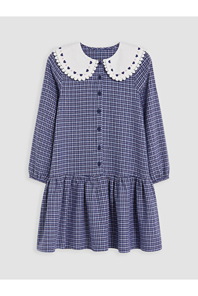 LC Waikiki Navy Blue Baby Collar Plaid Girl's Dress
