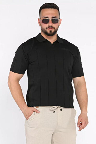 TOZLU Men's Polo Neck T-Shirt with Self-Line Pattern