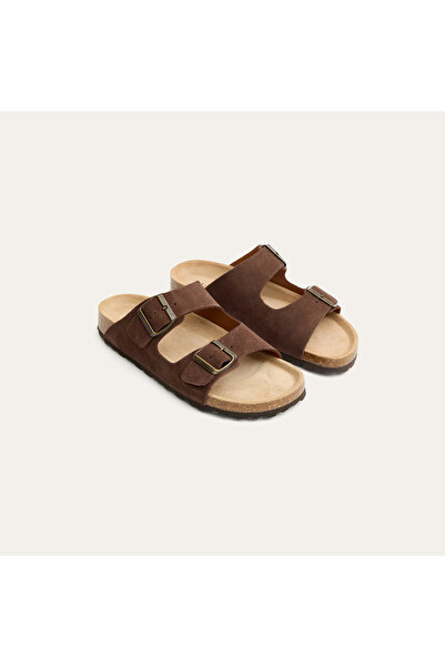 Mudo Women's Brown Double-Strapped Leather Slippers