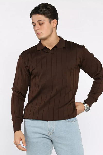 TOZLU Pulover tricotat pentru bărbați cu model în dungi și guler polo