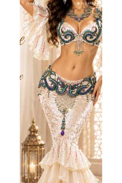 Diamonds_Outfits Costum de dans oriental lucrat manual, culoare fildeș – Aspe...