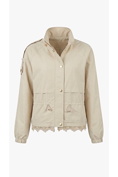 EVOA Women's Cream Lace Detailed High Neck Buttoned Jacket with Lace-Up Waist