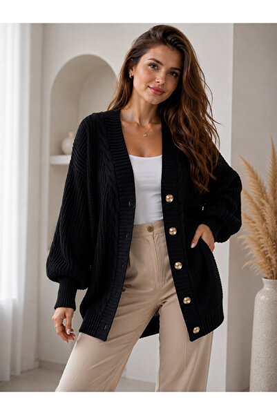 KAREL BUTİK Black Buttoned Long Women’s Cardigan with Knit Pattern