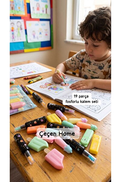 ÇEÇEN HOME 19 Parça Karışık Eğlenceli Fosforlu Kalem Seti, Dondurma, Hayvan F...