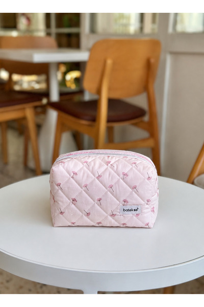 Batekso Toz Pembe Tüy Desenli Makyaj Çantası - Orta Boy