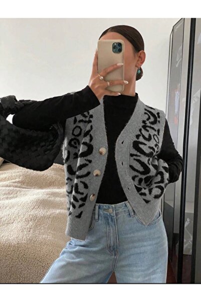 moda mh Gündelik Şık Trend Leopar Desenli Yelek