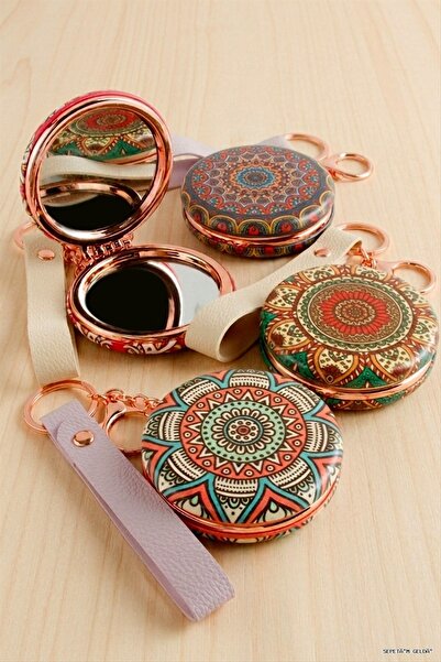 ZERO LAND Spt-Gld Tile Patterned Round Hand Mirror (190618) Keychain Ebruli