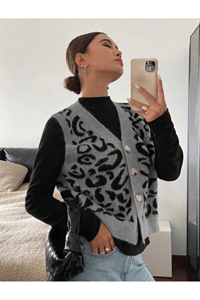 moda mh Gündelik Şık Trend Leopar Desenli Yelek