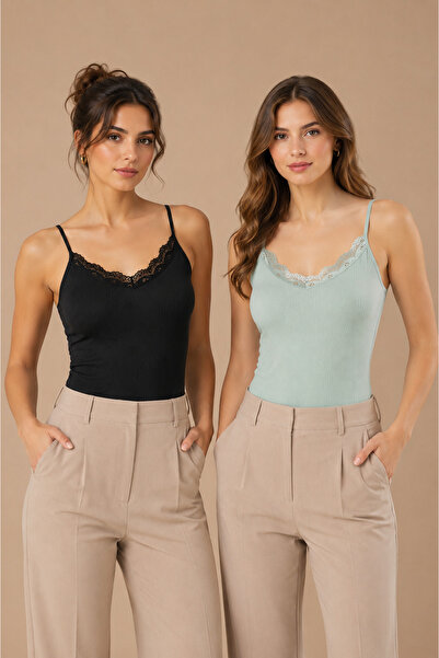 Nymora Women's 2-Pack 95% Cotton Lace Detailed Thin Strap Ribbed Undershirt B...