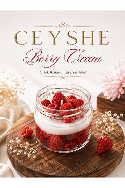 CeyShe Berry Cream Çilek & Ahududu Temalı Çilek Kokulu Tasarım Jel Mum – Deko...