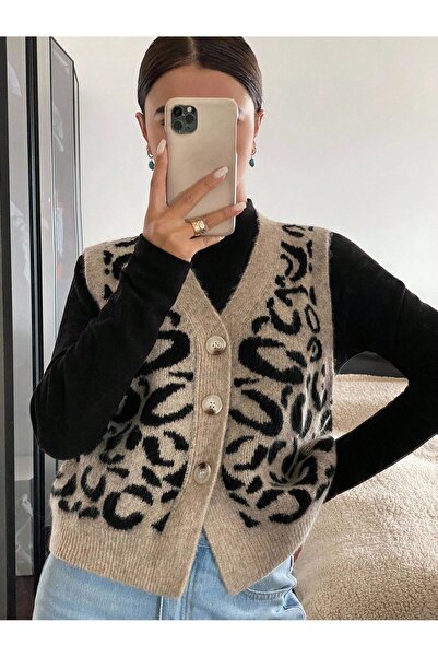 moda mh Gündelik Şık Trend Leopar Desenli Yelek