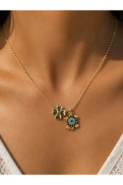 SEZİNİN TAKI DÜKKANI 🍀 🐢   Lucky Clover & Turquoise Turtle Charm Necklace