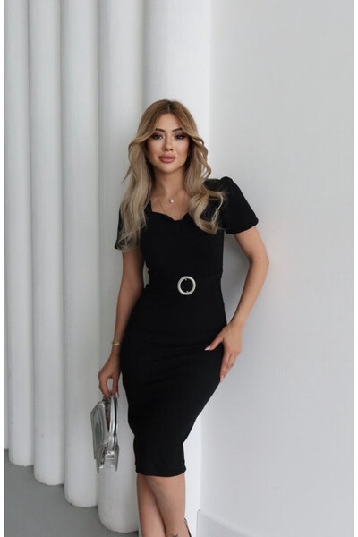 Efnaz style Women's Short Sleeve Open Front Ring Detailed Imported Crepe Dress