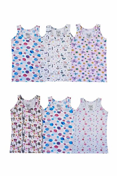 CUBBUX Girl's 100% Cotton Thick Strap Patterned Undershirt 6 Pieces