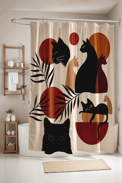 EVPANYA Bathroom Curtain, Bohemian Moon and Cat Patterned Shower Curtain, Bat...