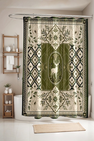 EVPANYA Bathroom Curtain, Green Deer and Flowers Patterned Shower Curtain, Ba...
