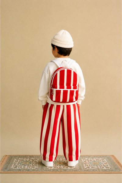 hety Çocuk Tomato Baskılı Sweatshirt + Çizgili Gabardin Pantolon 3'lü Set ( Çanta Hediyeli)