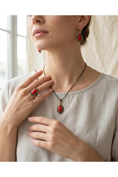 Dorvina Bronze Women's Copper Women's Jewelry Set Red Stone Curly Drop Vintag...