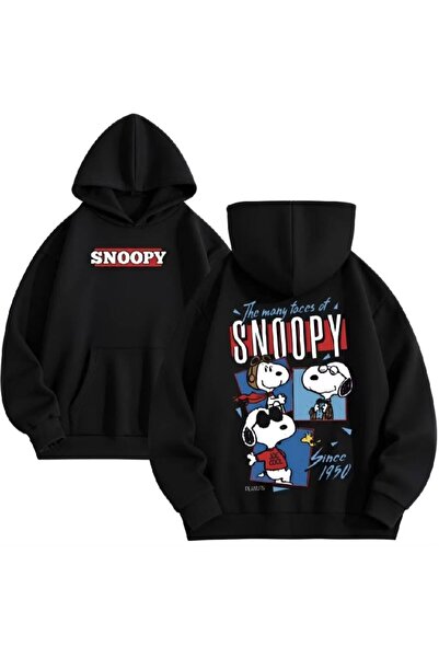 Minga London Siyah Snoopy Ön-Sırt Baskılı Oversize Kapüşonlu Sweatshirt