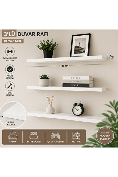 Genel Markalar 3’lü Duvar Rafı Seti 80x12 cm Beyaz MDF Dekoratif Duvar Rafı