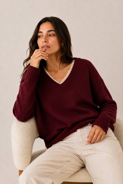 CuteLovesa Lace Ribbon Detailed V-Neck Long Sleeve Loose Knitwear Women's Swe...