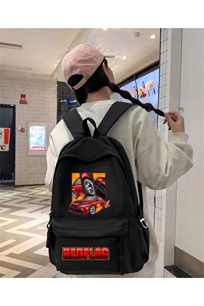 Minga London Black Red Flag Sports Car Printed School, Class, Course Backpack