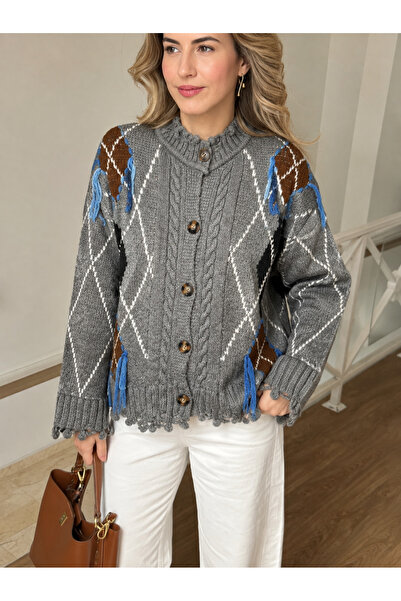 Genel Markalar Kadın Baklava Desen Saçaklı Hırka Kazak