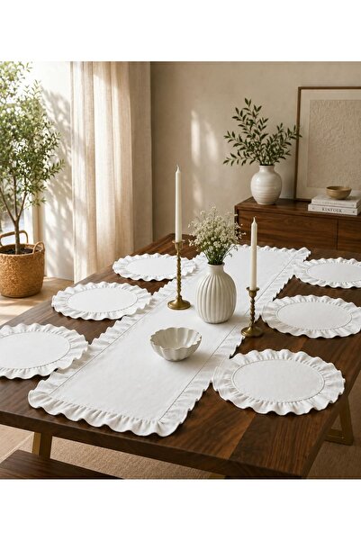 linea natura home 7 Parça Çeyiz Seti-Beyaz Kenarı Fırfırlı Keten Bohem Vintag...