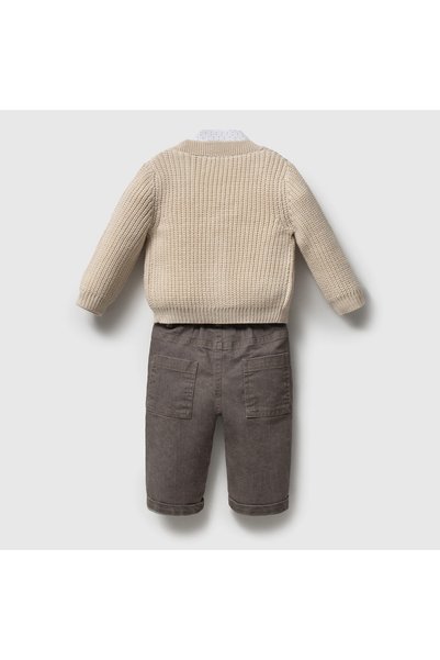 EDM Kidss 100% Cotton Baby Boy 3-Piece Bohemian Special Day Birthday Set – Teddy Bear Embroidered Knit Cardigan, Tiny Polka Dot Shirt, and Gray Pants