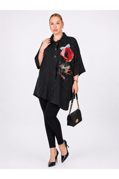 LA VELINA Plus Size Striped Asymmetrical Women's Tunic Shirt with Floral Detail