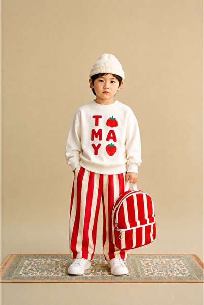 hety Children's Tomato Printed Sweatshirt + Striped Gabardine Trousers 3-Piec...