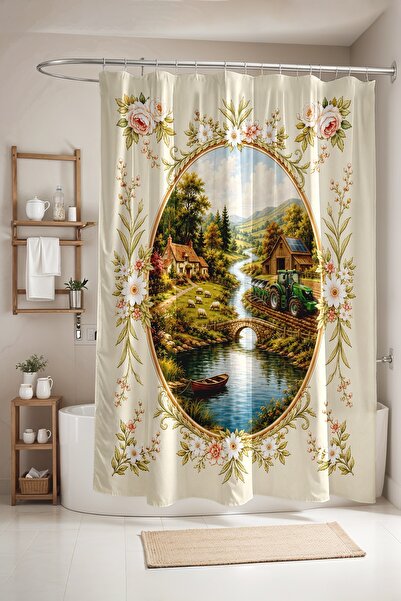 EVPANYA Bathroom Curtain, Village House and River Pattern Shower Curtain, Bat...
