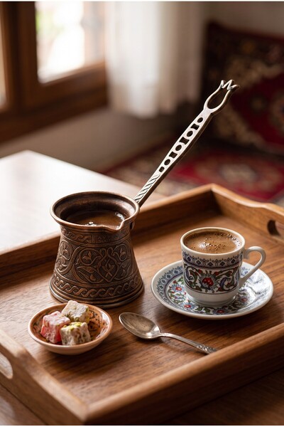 Mijja 150 ml Traditional Embossed Cast Steel Induction Compatible Turkish Coffee Pot for 2-3 People