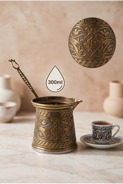 Mijja 300 ml Traditional Embossed Cast Steel Induction Compatible Large Size Turkish Coffee Pot for 4-5 People