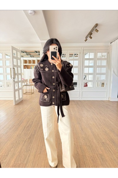 STYLE STOP Kadın Nakışlı Çiçekli Kemerli Cepli Kalın Hırka Kazak