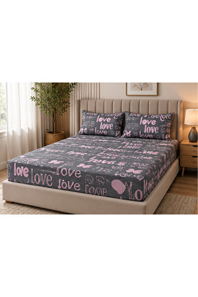 H&F Trendline Love Patterned King Size Double Elastic Bed Sheet Set 180X200X3...