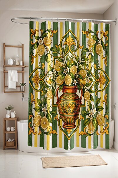 EVPANYA Bathroom Curtain, Green Tile and Lemon Pattern Shower Curtain, Bathtu...