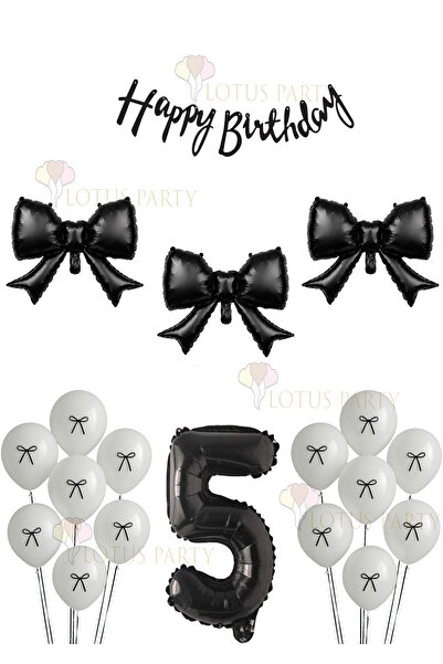 LOTUS PARTY Black Bow Balloon - Black Banner - Black Number - White Balloon -...