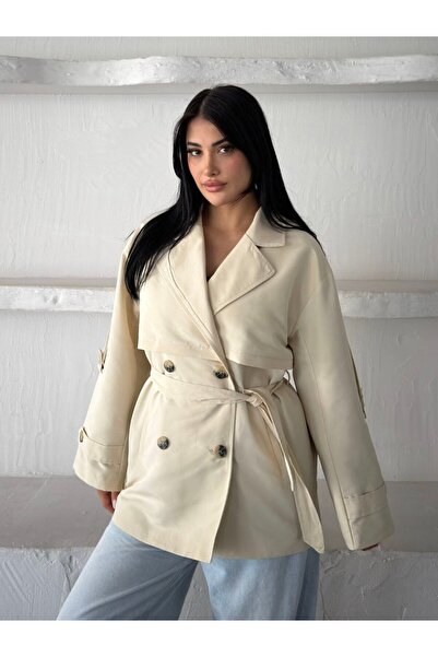gm giyimarket New Season Women's Oversize Belt Detailed Double-Breasted Colla...