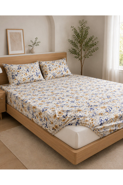 H&F Trendline Floral Patterned King Size Double Elastic Sheet Set 180X200X30 Cm, 2 Zippered 50X70 cm Pillowcases
