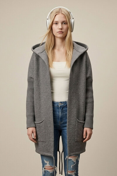 Şiir Tekstil Gret Oversize Soft Textured Hooded Back Skirt Slit and Lace Deta...