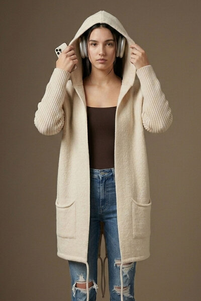 Şiir Tekstil Gret Oversize Soft Textured Hooded Back Skirt Slit and Lace Deta...