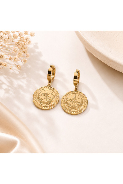 Archhazel Jewelery Gold Steel Ottoman Tughra Detailed Dangle Earrings