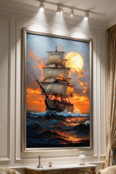 ARTAN GALLERY Dolunaylı Yelkenli Gemi Kadife Tablo 40 mm Çerçeveli Yağlı Boya...