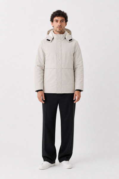 Maison Rae Men's Stone-Colored, Removable Fur Hooded, Water and Wind-Resistan...